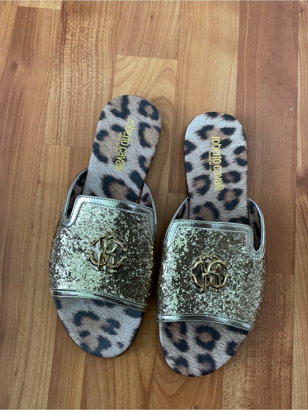 Roberto Cavalli Gold Glitter Slide Sandals - Leopard Insole